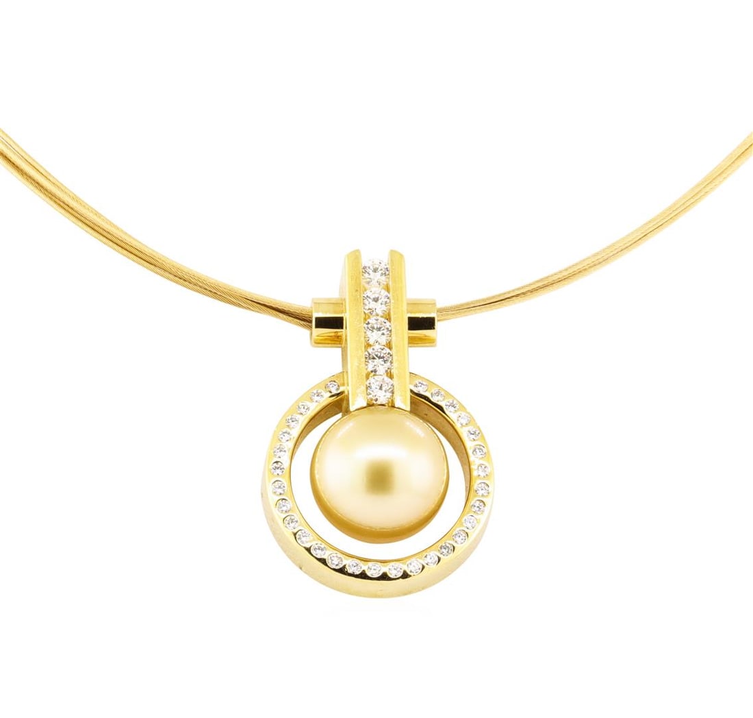 0.61 ctw Diamond and Pearl Pendant And Chain - 18KT Yellow Gold: One electronically tested 18KT yellow gold lady's combination cast & assembled fashion pendant and chain 18.0' long, multi-strand cable chain with a spring loaded plunger clasp with a bright polish fi