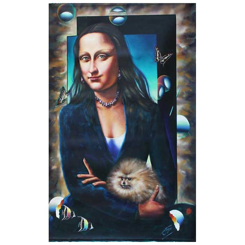 Mona Lisa with Dog by Ferjo Original: "Mona Lisa with Dog" is an original painting, oil on stretched canvas, by Ferjo. Hand signed by the artist, this piece comes with a letter of authenticity. Measures approx. 60" x 40" (image).