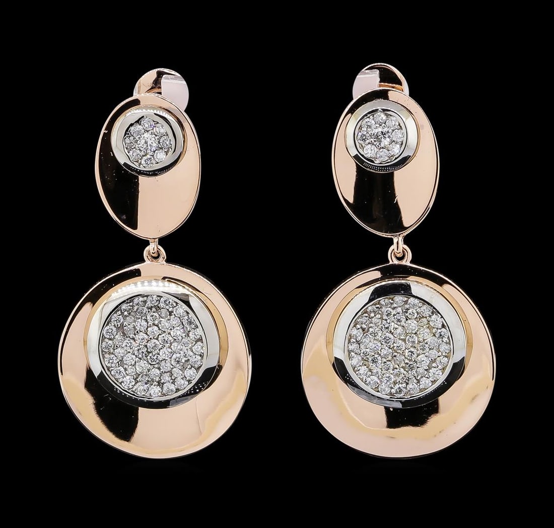 1.14 ctw Diamond Earrings - 14KT Rose and White Gold: One pair electronically tested 14KT rose and white gold lady's combination cast & assembled fashion dangle earrings with Omega clip backs with posts with a bright polish finish. The featured lady's ea
