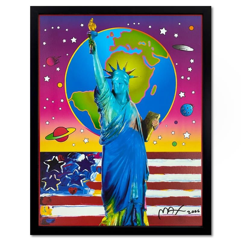 Liberty with Earth & Flag by Peter Max: "Liberty with Earth & Flag" is an offset lithograph on paper by Peter Max hand signed by the artist. This piece comes custom framed. Includes Letter of Authenticity. Measures approx. 23" x 29" (frame)
