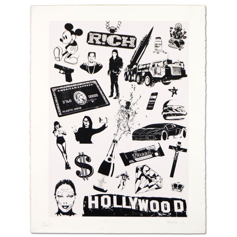 False Idols I: Plastic Jesus by Avocado Padhia: "False Idols I: Plastic Jesus" is a limited edition silkscreen on deckle edge paper numbered and hand signed by the artist. Includes Letter of Authenticity. Measures approx. Measures approx. 22" x 30"