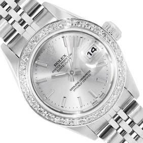 Rolex Ladies Stainless Steel Silver Index Dial 18K White Gold Diamond Bezel Date (1 of 9)