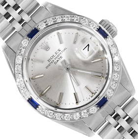 Rolex Ladies Stainless Steel Silver Index 18K Gold Diamond And Sapphire Bezel Da (1 of 9)