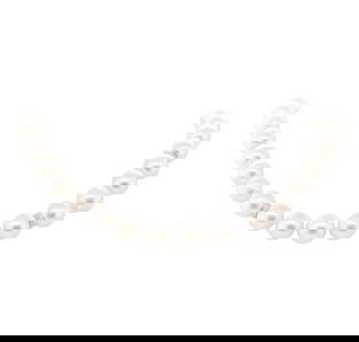 0.74 ctw Diamond and South Sea Pearl Necklace - 14KT White Gold: One graduated single strand pearl necklace 18.0' princess length, knotted with a tongue clasp & foldover safety containing 33 south sea cultured pearls, 12.0mm to 14.3mm in size. The pearls are white