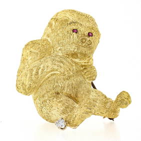 18K Yellow Gold Ruby & Diamond Detailed Textured Baby Gorilla Monkey Brooch Pin (1 of 6)