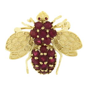 14K Yellow Gold 1.40 ctw Round Ruby Detailed Textured Fly Bee Insect Pin Brooch (1 of 6)