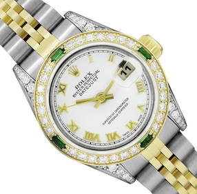 Rolex Ladies Quickset 2Tone 18K Diamond And Emerald Datejust Wristwatch With Rol (1 of 9)