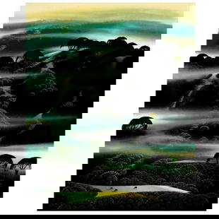 Fog Draped Hills by Eyvind Earle (1916-2000): "Fog Draped Hills" is a limited edition serigraph on paper by Eyvind Earle (1916-2000). The piece is numbered hand-signed by the artist and accompanied by a certificate of authenticity. Measures appro
