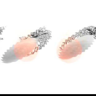 61.8 ctw Pink Coral & Diamond Earrings - 14KT White Gold & Platinum: Make a bold statement with these unique 14KT white gold and platinum earrings, featuring two natural pink coral stones with a total weight of 60.0ct, accented by 1.8ct of diamonds. The earrings includ