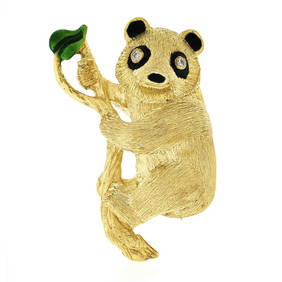 18K Gold Diamond Green Black Enamel Detailed Textured Climbing Panda Brooch Pin (1 of 6)