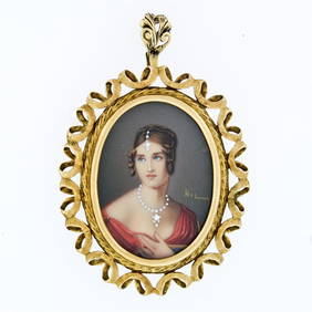 Vintage 18k Gold Large Detailed Hand Painted Open Textured Frame Brooch Pendant (1 of 6)