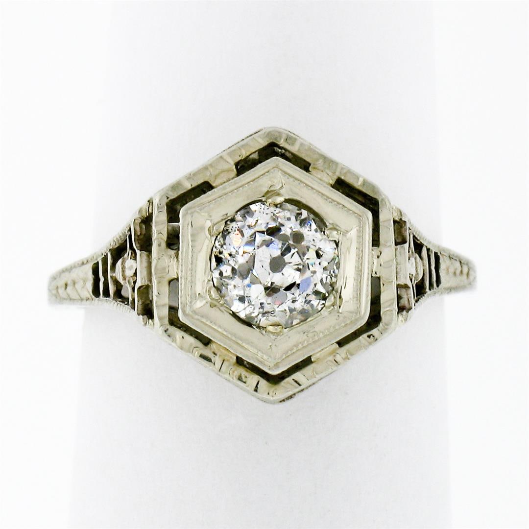Antique Art Deco 14k White & Rose Gold Black Onyx Etched