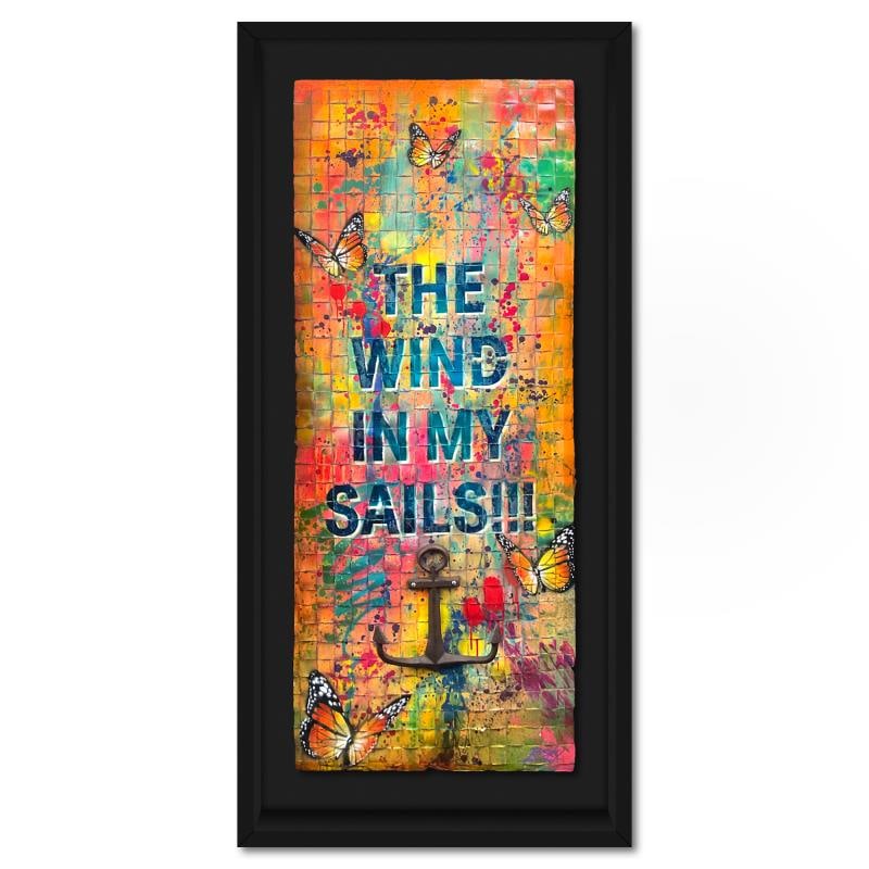 Wind in My Sails by RISK Original: "Wind in My Sails" is a mixed media original acrylic and spray paint on hand painted, hand woven strips of Coventry Archival Rag paper. This piece comes hand signed by RISK and framed in a shadow box