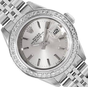 Rolex Ladies Stainless Steel Silver Index 18K White Gold Pave Bezel Date Watch (1 of 9)