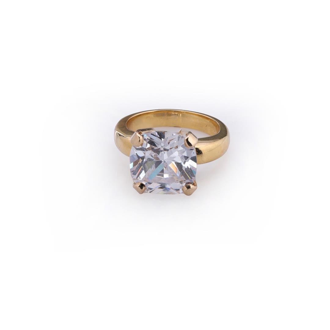 18K Yellow Gold & Moissanite Ring: 18K Yellow Gold & Moissanite Ring containing one cushion cut moissanite weighing approximately 8.50 cts. Total weight of ring is 13 gm. Estimated retail value $3,500.