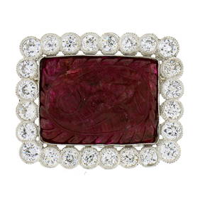 Vintage Platinum Floral Carved Ruby 2.88 ctw Old European Diamond Halo Pin Brooc (1 of 6)