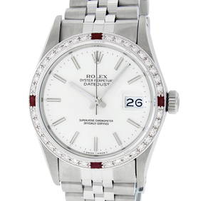 Rolex Mens Stainless Steel Silver Index Diamond & Ruby 36MM Datejust Wristwatch (1 of 8)