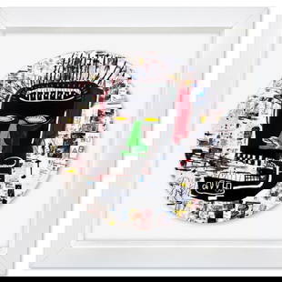 Glenn 1984 by Basquiat (1960-1988): "Glenn 1984" is a Limoges porcelain plate bearing the plate signature inverso of Jean-Michel Basquiat (1960-1988). This plate is custom framed and floated on linen. Measures approx. 16" x 16" (frame)