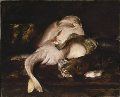 William Merritt Chase - Still Life with Fish: Artist: William Merritt Chase - Title: Still Life with Fish - Medium: Fine Art Giclee on Canvas - Image Size: Approximately 16 inches x 20 inches - Framed: Unframed on Unstretched Canvas - Biography: