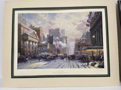 Thomas Kinkade "Snow on Seventh Avenue 1932": A Vintage lithograph on paper, Image size 18 X 27" signed & numbered 84/935 by Thomas Kinkade. Matted to 28 x 36"