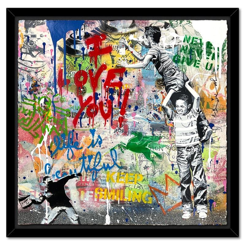 Never, Never Give Up! by Mr Brainwash Original: "Never, Never Give Up!" is a mixed media original on deckle edge paper by Mr. Brainwash, hand signed and bearing the thumbprint of the artist inverso. This piece comes custom framed. Includes Certific