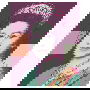 Queen Elizabeth II by Sunday B. Morning: Andy Warhol "Queen Elizabeth II of the United Kingdom 335" is a limited edition silk screen print on museum board from Sunday B Morning featuring the works of Andy Warhol. The piece is stamped in blue