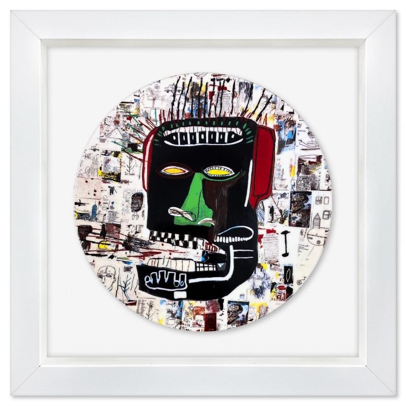 Glenn 1984 by Basquiat (1960-1988): "Glenn 1984" is a Limoges porcelain plate bearing the plate signature inverso of Jean-Michel Basquiat (1960-1988). This plate is custom framed and floated on linen. Measures approx. 16" x 16" (frame)