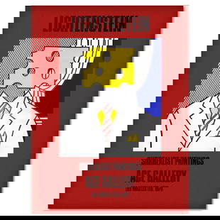 Lichtenstein Poster by Lichtenstein (1923-1997): This is a vintage poster by Roy Lichtenstein (1923-1997) from the Ace Gallery Los Angeles CA. Includes Letter of Authenticity. Measures approx. 44" x 60" (image). Condition: Good. There may be some sm