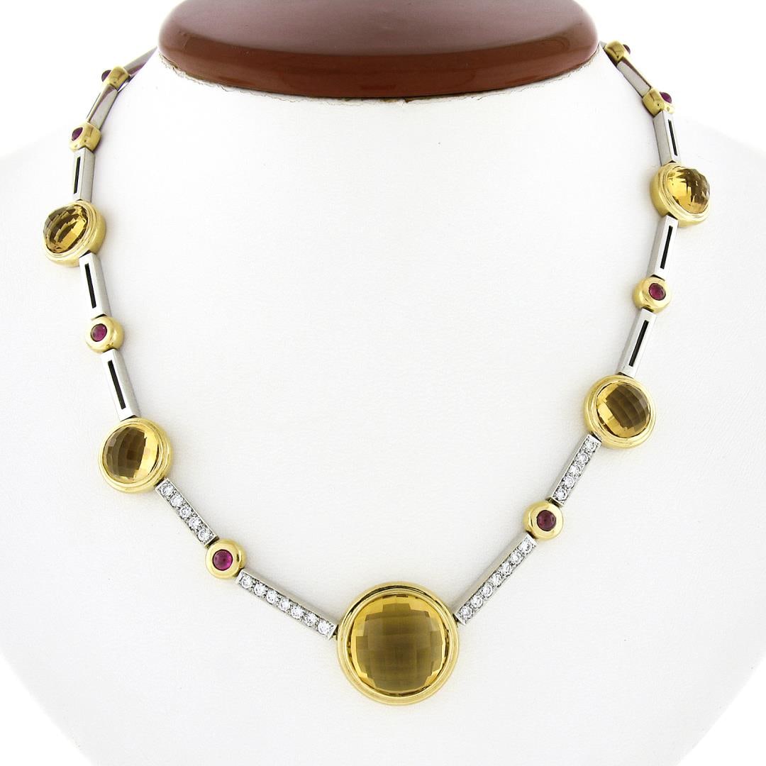 Antonini 18K TT Gold Round Bezel Citrine Diamond Ruby 16.5" Fancy Link Necklace: A solid 18k two tone gold fancy link necklace by Antonini, with 6 round checkerboard natural citrines ((1) 15.5mm and (5) 9.5mm each), 14 round cabochon cut natural rubies (), and 24 round brilliant c