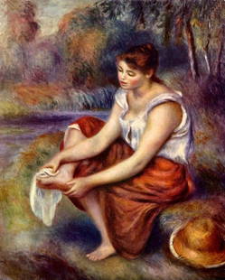 Renoir - Girl Dryes Her Feet: Artist: Pierre-Auguste Renoir 1841-1919 - Title: Girl Dryes Her Feet - Medium: Fine Art Reproduction Giclee on Canvas - Image Size: Approximately 20 inches x 16 inches - Unframed on Unstretched Canvas