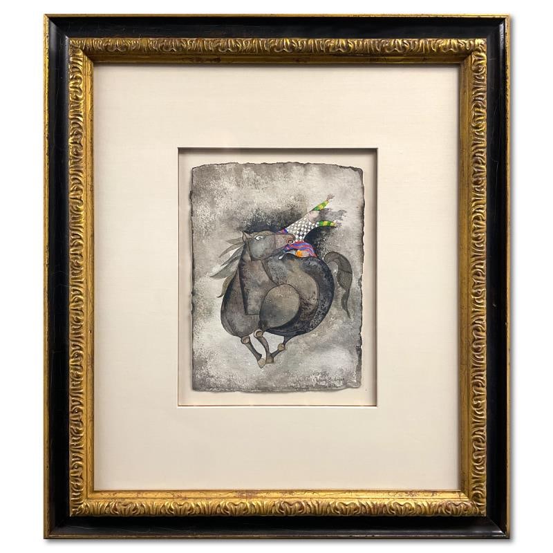 A Cheval by Boulanger Original: "A Cheval" is an original watercolor painting on paper by Graciela Rodo Boulanger, dated 1979 and hand signed by the artist. This piece comes framed. Includes Letter of Authenticity. Measures approx.
