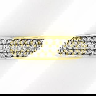 Jose Hess 18k Gold 0.90 ctw Round Prong Diamond Multi Row Grooved Wide Band Ring: A solid 18k yellow gold band ring by Jose Hess, with 43 round cut natural diamonds (G/H - SI1/SI2 ; 0.90ctw). The ring is size 6.0, weighs a total of 5.94 grams, and measures 6.8mm wide.
