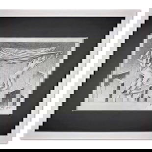 Just Between Us - New York by Kostabi Original: "Just Between Us - New York" is an original drawing on paper by Mark Kostabi, hand signed by the artist. This piece comes custom framed. Includes Certificate of Authenticity. Measures approx. 14.5" x