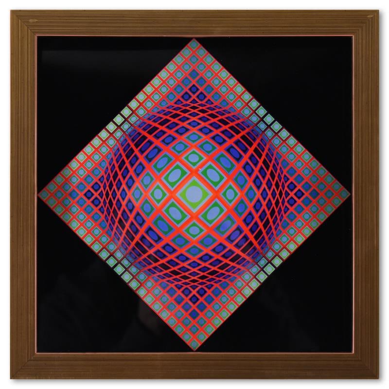 Vega - 201 de la serie Vega by Vasarely (1908-1997): "Vega - 201 de la serie Vega" is a heliogravure print on paper published in 1971 by Victor Vasarely (1908-1997). This piece comes custom framed with a letter of authenticity and with a 1976 Vasarely p