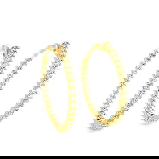 2.20 ctw Diamond Hoop Earrings - 14KT Yellow Gold: One pair electronically tested 14KT yellow gold lady's combination cast & assembled fashion inside-out hoop earrings with hinged, snap locking posts with a bright polish finish. The featured hoop earr