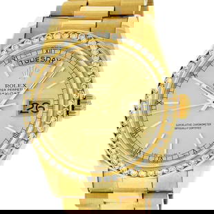 Rolex Mens Quickset 18K Yellow Gold Champagne Index 1CTW Channel Set Diamond Bez: One Mens Rolex Day Date 18K Yellow Gold President Polished, Serviced & Electronically Tested, Rolex 18K Yellow Gold Case: 36mm, Rolex 18K Yellow Gold Crown, Custom Bezel: New 18K Yellow Gold Channel S