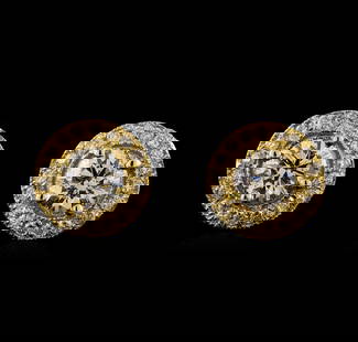 1.38 ctw Diamond Earrings - 14KT Yellow Gold: One pair electronically tested 14KT yellow gold lady's combination cast & assembled stud earrings with friction posts with a halo with a bright polish with milgrain detailing finish. Identified with m