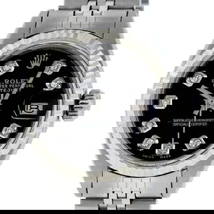 Rolex Ladies Quickset Stainless Steel Black Diamond 26MM Datejust Wristwatch: One Ladies Pre Owned Quickset Stainless Steel Rolex Datejust Polished Bright with Satin Finish, Serviced And Electronically Tested, Stainless Steel Case: 26mm, Stainless Steel Crown, Rolex Bezel: 18K