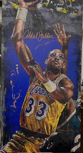 Kareem Abdul-Jabbar by Stephen Holland: Stephen Holland captures the great Kareem Abdul-Jabbar. Hand-signed by Kareem & artist 42" x 21.75" Giclee PP1, stretched, hand-embellished, slight mildew on back. Does not show thru