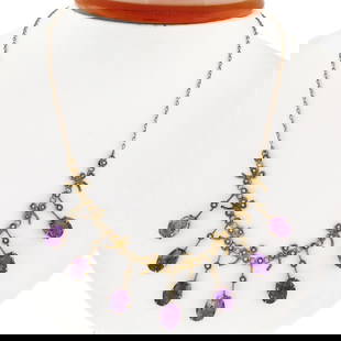 Rare Antique Victorian 14K Gold 14 ctw Oval Amethyst Pearl Fringe Collier Neckla: An antique victorian solid 14k yellow gold collier necklace, with 7 oval cut natural amethyst (9.0x7.0mm- 14.0ctw), and 40 round shape natural seed pearls (1.55mm ). 18 inch cable link chain, 9.91 gra