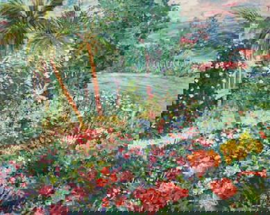 Garden in Front of the Artists House by Manor Shadian: Beautiful collectible landscape original 1989 oil on burlap, hand signed by the artist, this artwork comes stretched ready for framing. 24x30