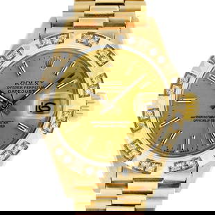 Rolex Ladies 18K Yellow Gold Champagne Index And Diamond Bezel President Wristwa: One Ladies Pre Owned 18K Yellow Gold Rolex President Polished, Serviced & Electronically Tested, Rolex Yellow Gold Case: 26mm, Rolex 18K Yellow Gold Crown, Custom Bezel: New 18K Yellow Gold Pyramid Be