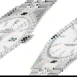 Rolex Mens Stainless Steel Silver Index Diamond And Emerald Bezel 36MM Datejust: One Mens Pre Owned Stainless Steel Rolex Datejust Polished Bright with Satin Finish, This Watch Has Been Serviced & Electronically Tested, Rolex Stainless Steel Case: 36mm, Rolex Stainless Steel Crown