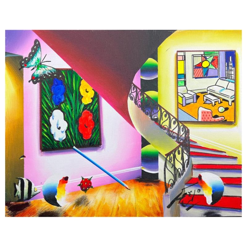Stairway to Warhol by Ferjo Original: "Stairway to Warhol" is an original painting, oil on stretched canvas, by Ferjo. Hand signed by the artist, this piece comes with a letter of authenticity. Measures approximately 16" x 20" (image).