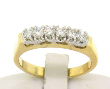 14k Two Tone Solid Gold 0.60 ctw Band Ring with 6 Brilliant Round Diamonds: An estate solid 14k yellow and white gold band ring. with 6 brilliant cut natural diamonds (F - VS1; 0.60ctw). The ring is size 9.0, weighs a total of 6.60 grams, and measures 19.75mm wide.