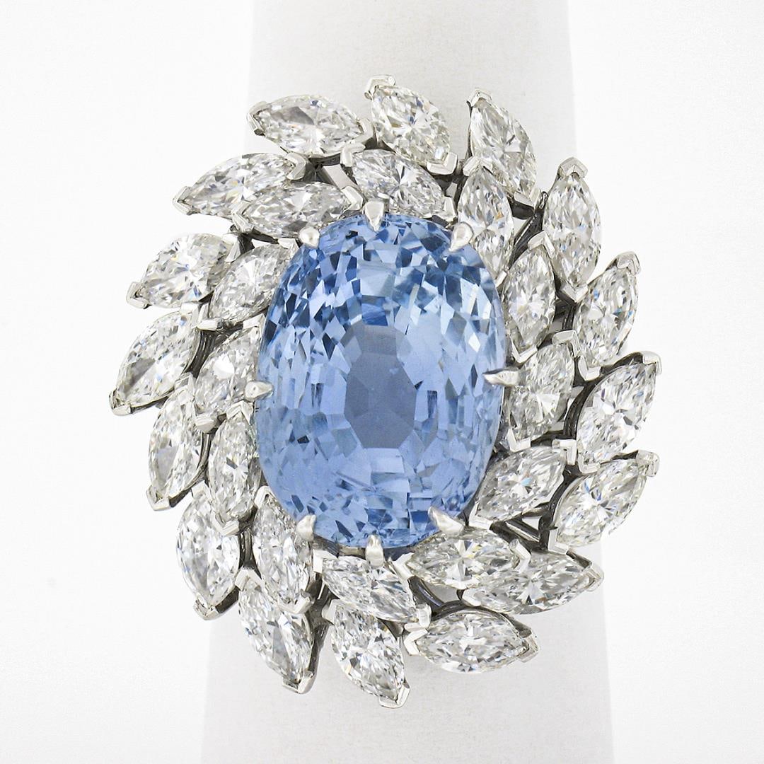 Platinum Handmade GIA Ceylon NO HEAT Oval Sapphire & Marquise Diamond Halo Ring (1 of 9)