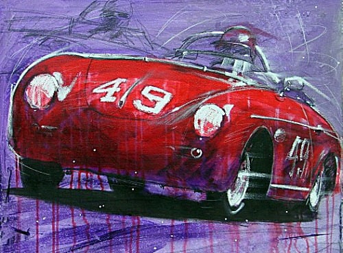 Red Porsche by Michael Bryan: A classic red Porsche is the featured player in this homage by Michael Bryan. A handworked 30x40" giclee on canvasm, it is a 1/1 Unique.