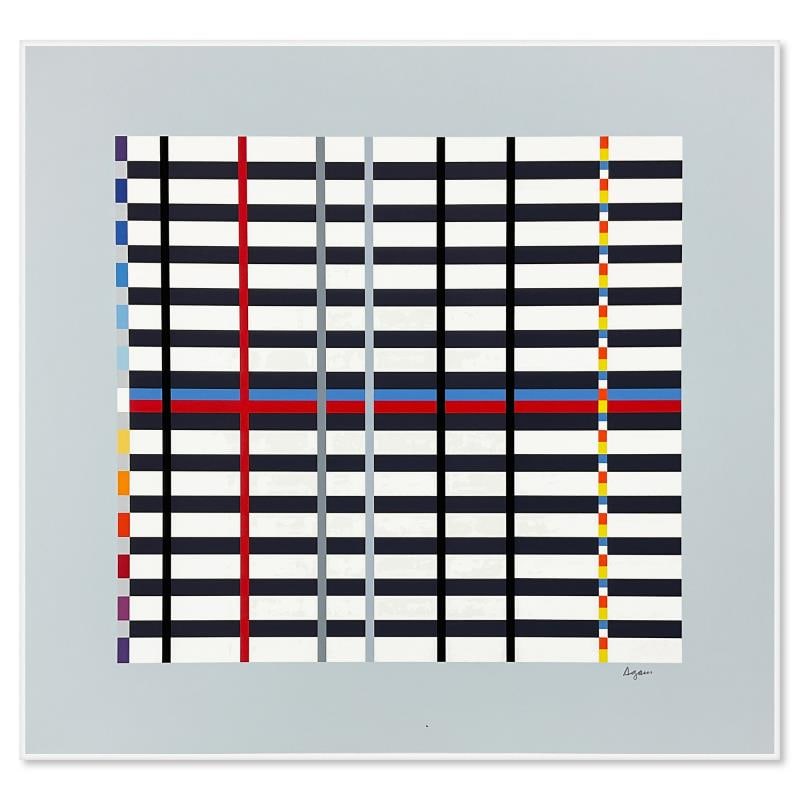 Hommage du Mondrian (Light Blue) by Agam Yaacov: "Hommage du Mondrian (Light Blue)" is a limited edition serigraph on paper by Yaacov Agam hand signed by the artist. Includes Letter of Authenticity. Measures approx. 26.5" x 28" (image).
