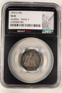 1875-S 20C NGC VG8 Twenty Cent Piece: One 1875-S 20C NGC VG8 Twenty Cent Piece.