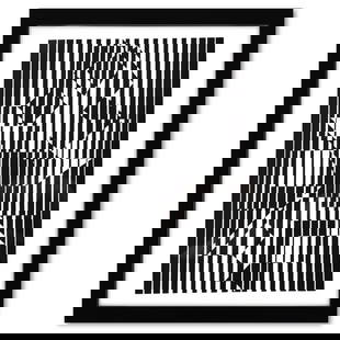 Ilava de la serie Lineaires by Vasarely (1908-1997): "Ilava de la serie Lineaires" is a heliogravure print on paper published in 1973 by Victor Vasarely (1908-1997). This piece comes custom framed with a letter of authenticity and with a 1976 Vasarely p